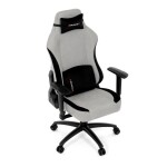 Herní křeslo, stříbrná látka, houpací mechanismus, polohování opěradla 90°-180°, 3D područky, polštáře z paměťové pěny,