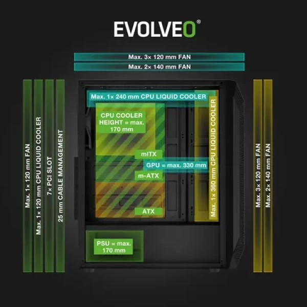 EVOLVEO Xenon černá / PC skříň / Midi Tower / ATX/mATX/Mini ITX / 4x ARGB / temperované sklo (XENON-BK-4)