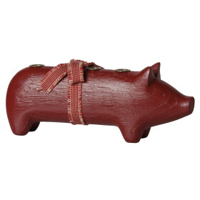 Maileg Dřevěný svícen Wooden Pig Advent Medium Red, červená barva, dřevo