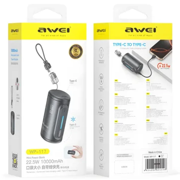 Awei WP-117 černá / Powerbanka / 10000mAh / 22,5W / 2x USB-C (WP-117)