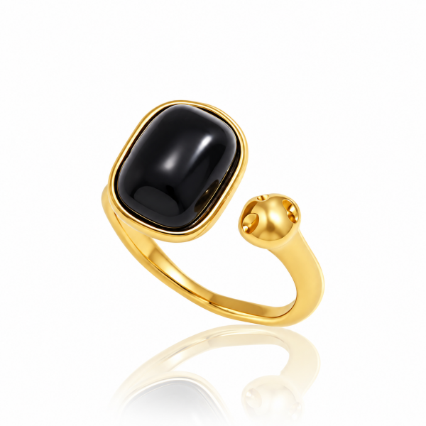 ELENYS Black Obsidian | Pozlacený prsten s pravým přírodním obsidiánem Velikost: Nastavitelná (52-56 mm)