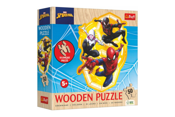Puzzle dřevěné nepravidelné tvary Spiderman 50 dílků 19,7x26,6cm v krabici 20x20x6cm