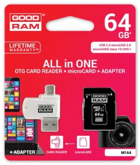 GOODRAM All-In-One 64GB / sada micro SDXC + adaptér + čtečka karet / UHS-I / čtení: 60MBs / zápis: 10 MBs (M1A4-0640R11)