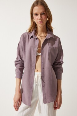 Happiness İstanbul Women's Lilac Oversize Linen Ayrobin Shirt