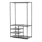 Stojan na šaty dvouramenný se čtyřmi policemi, černá barva, kov / plast, chrom