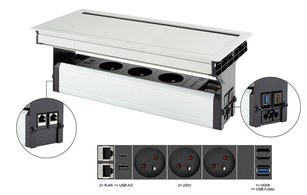 Versalogic VersaFlap Mono 2.0 elektrická zásuvka 3x 230V FR RJ45 HDMI USB A/C + data hliník (497049)