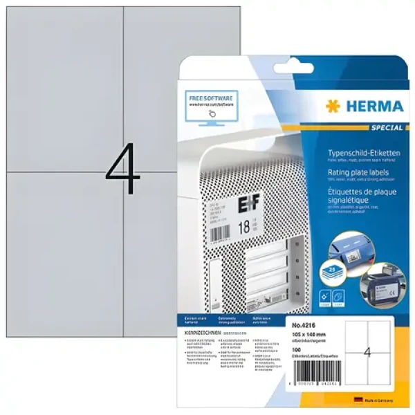 Herma výrobní štítky A4 105x148 mm fólie / Etikety / 100 ks / Stříbrné / Trvale lepicí (4216)