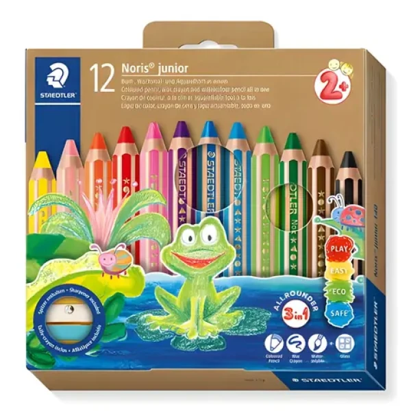 STAEDTLER Trojhranné pastelky Noris Junior 3v1 / 12 ks / s ořezávátkem / od 2 let (140 C12)