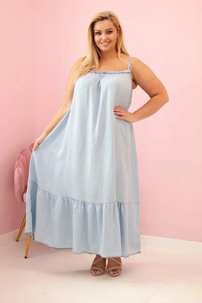 Dámské plus size šaty na ramínka s volánem světle džínová UNI
