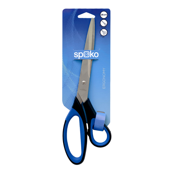 Spoko nůžky kancelářské - Ergonomy, 26 cm, asymetrické, černomodré
