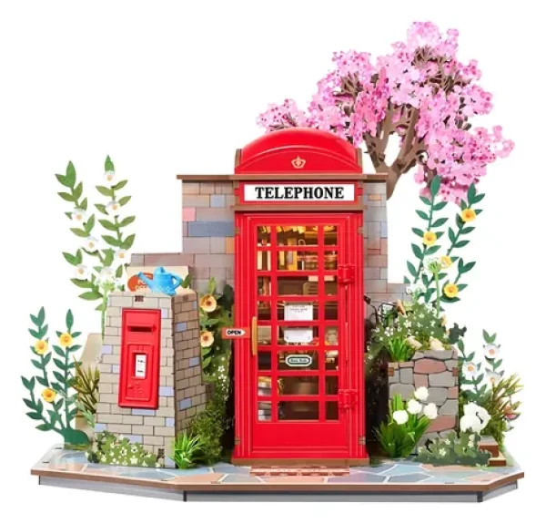 ROBOTIME Miniatura Telefonní budka s knihami a květinami