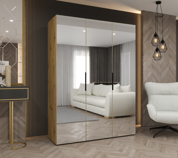 Šatní skříň Abi Marbella 3 Rozměry: 150 cm, Pásky / úchyty: Černá, Barva korpusu + barva dveří: Dub artisan + zrcadlo