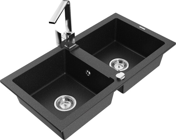 MEXEN/S - Mario granitový dřez 2-bowly včetně baterie Rita, černý/stříbrný metalik 6504-73-670300-00