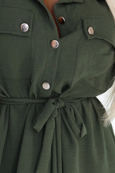 531-5 Midi košilka se zlatými knoflíky a vázáním - KHAKI UNI