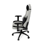 Herní křeslo, stříbrná látka, houpací mechanismus, polohování opěradla 90°-180°, 3D područky, polštáře z paměťové pěny,