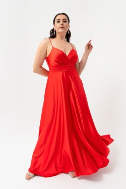 Lafaba Dámské červené lanové popruhy Plus Size Saténové dlouhé večerní šaty promoční šaty