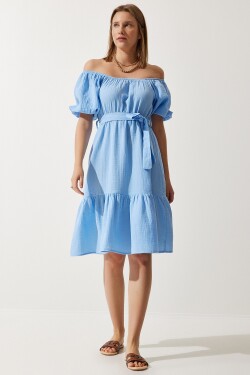 Happiness İstanbul Women's Sky Blue Carmen Collar Belted Summer Muslin Dress