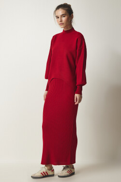 Happiness İstanbul Women's Red Ribbed Knitwear Sweater Dress