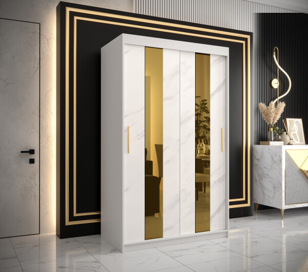 Šatní skříň Abi Golden Pole Barva korpusu: Bílá, Rozměry: 120 cm, Dveře: Bílý mramor se zlatým zrcadlem