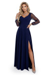 640-3 LORETTA jedinečné dlouhé šaty s tylovými rukávy a výstřihem - tmavě modré XXL