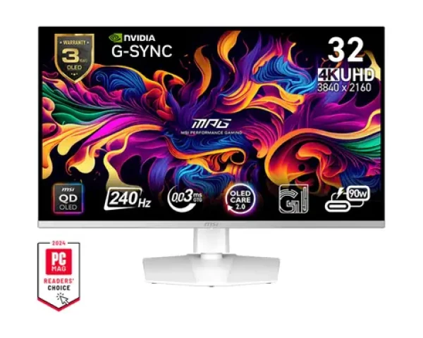 31.5" MSI MPG 321URXWDE QD-OLED bílá / UHD / QD-OLED / 16:9 / 0.03ms / 1500000:1 / 250cd-m2 / HDMI+DP+USB-A+USB-C / VESA (9S6-3DD29A-023)