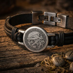 Pánský náramek Odinův vlk - pravá kůže, chirurgická ocel, Černá 22 cm