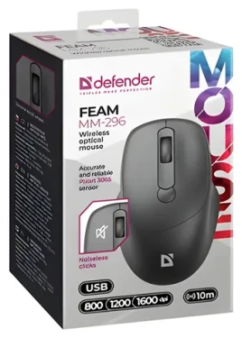 Defender FEAM MM-296 černá / Bezdrátová optická myš / 1600 DPI / 10 m / 2.4 GHz (52296)