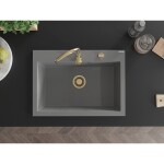 MEXEN/S - Elix granitový dřez 1-miska 700 x 500 mm, šedý, sifon zlatá 6526701005-71-G