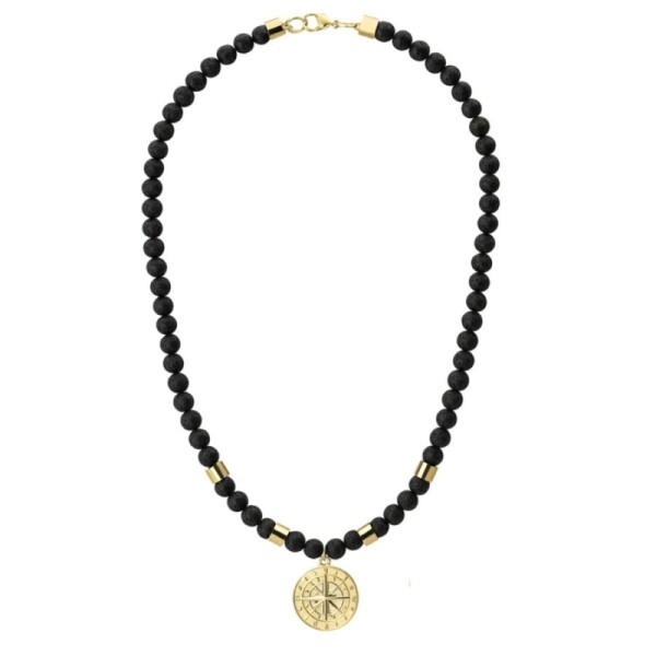 Pánský korálkový náhrdelník Diego Gold - lávový kámen, větrná růžice, Zlatá 55 cm