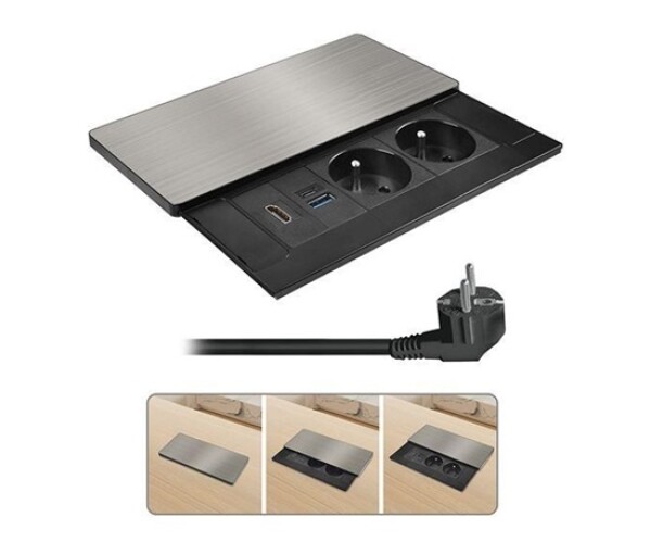 Solight vestavný blok zásuvek s posuvným krytem, 2 zásuvky, HDMI, USB A+C 20W PD, 2m, stříbrný