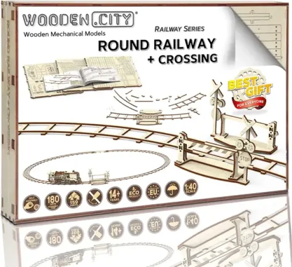 WOODEN CITY 3D Dřevěné puzzle Kruhové koleje s přejezdem
