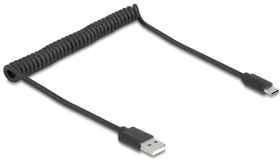DeLock / Spirálový kabel USB 2.0 Typ-A na USB-C / 0,75 m / černý (90368)