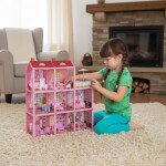 Třípatrový domeček pro panenky s balkonem - panenka + 22 kusů nábytku