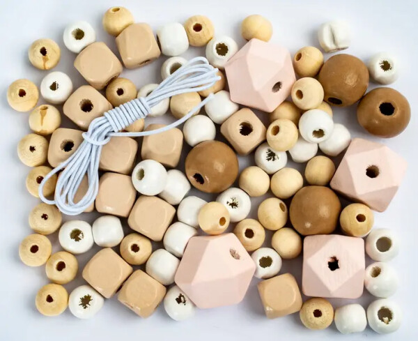 Korálky dřevěné 80ks, šňůrka - Nude