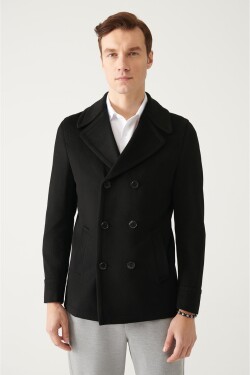 Avva Men's Black Double Breasted Collar Woolen Cachet Comfort Fit Relaxed Cut Coat