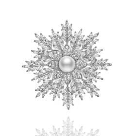 Vánoční brož s perlou a zirkony Emma White - sněhová vločka, Stříbrná