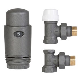 CERANO Připojovací sada radiátorových ventilů s termostatickou hlavicí - rohová - 1/2"/1/2" - šedá matná