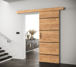 Posuvné dveře Salwador IV Dveře: Bíle mat, Pásky / úchyty: Černá, Horní pojezdová lišta: Dub artisan