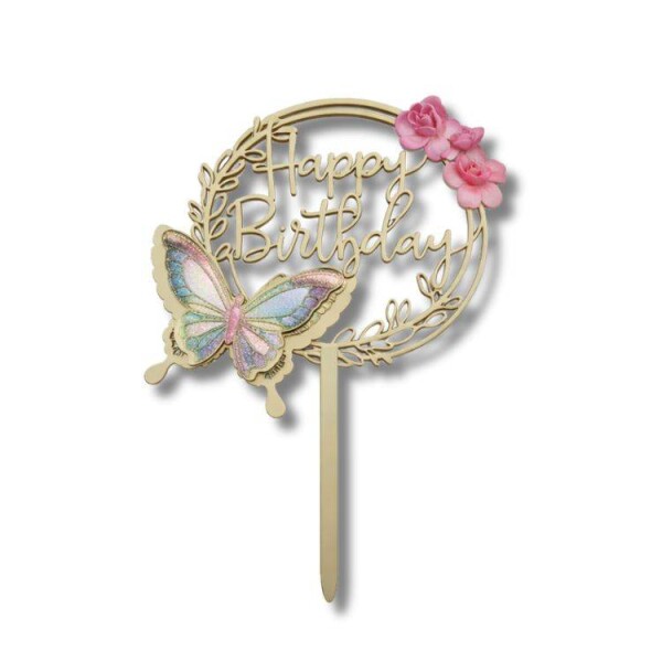 Dortisimo Zápich do dortu dřevěný Happy Birthday s motýlem a květinami