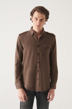 Avva Men's Brown Epaulette Detailed 100% Cotton Standard Fit Regular Cut Shirt
