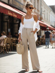 Dámské lněné kalhoty s širokými nohavicemi béžové FashionStreet UY3079 XS