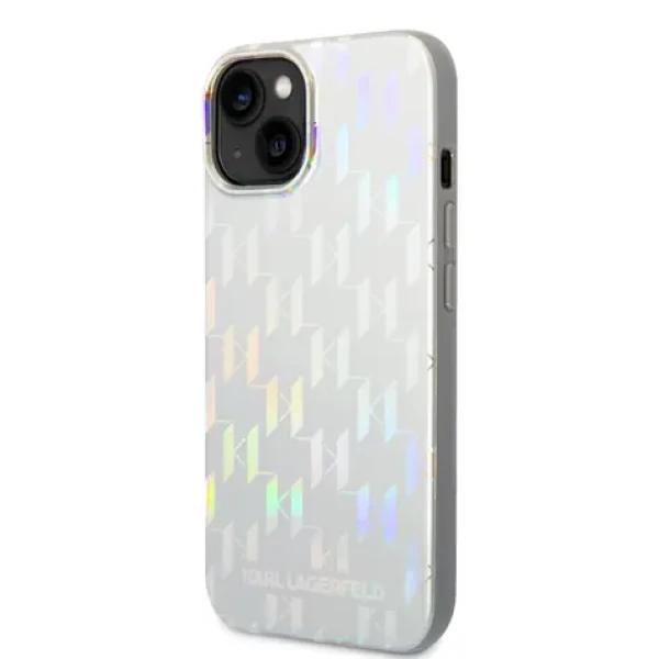 Pouzdro Karl Lagerfeld Iridescent Monogram iPhone 14 Plus stříbrné