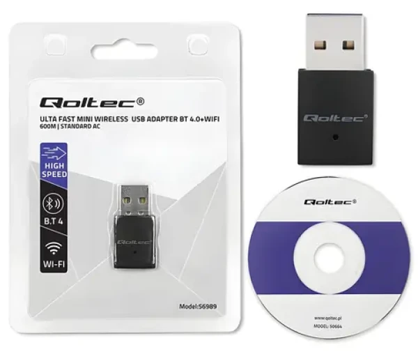 Qoltec 56989 / WiFi a Bluetooth adaptér / USB 2.0 / AC / BT 4.0 / 600 Mbps (56989)