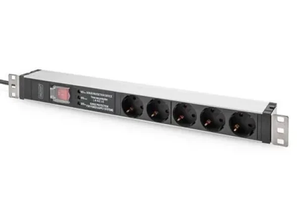 Digitus PDU 1U 5x Schuko černá / Zásuvková lišta / 230V/16A / kabel 2 m / hliníkové tělo / vypínač (DN-95433)
