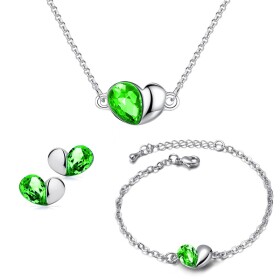 Souprava náhrdelníku, náušnic a náramku Heart Smaragd - srdíčko, Zelená 40 cm + 5 cm (prodloužení)