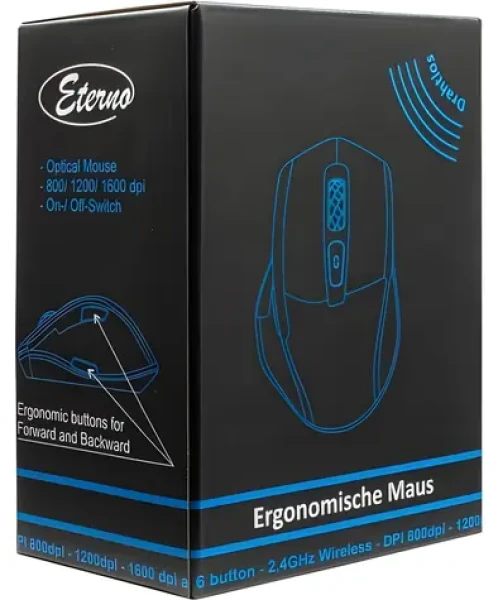 Inter-Tech Eterno M-230 černá / Bezdrátová ergonomická myš / 1600 DPI / 6 tlačítek / USB přijímač (88884109)