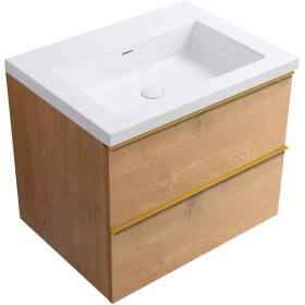 CERANO - Koupelnová skříňka Velora - dub medový, úchytka zlatá + umyvadlo z lit. mramoru Ovo - bílá lesklá - 70,5x58x46,5 CER-980017