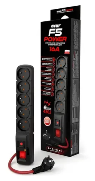 Acar F5 černá / Prodlužovací přívod / přepěťová ochrana / 5 zásuvek / 1,5 m / 16 A (W2389)