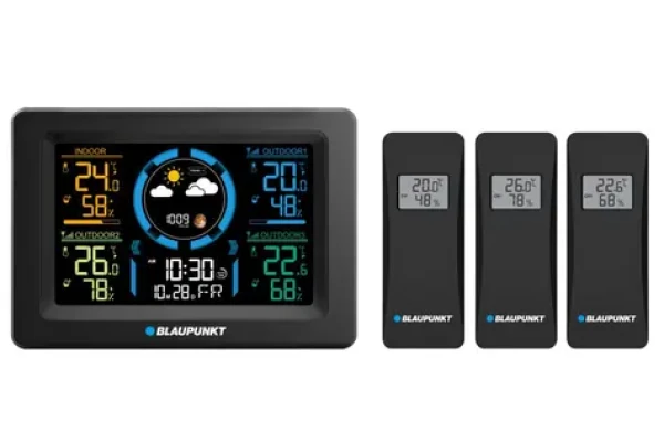 BLAUPUNKT WS40BK černá / Meteostanice / 3x bezdrátové teplotní čidla / měření vlhkosti / kalendář (5901750506086)