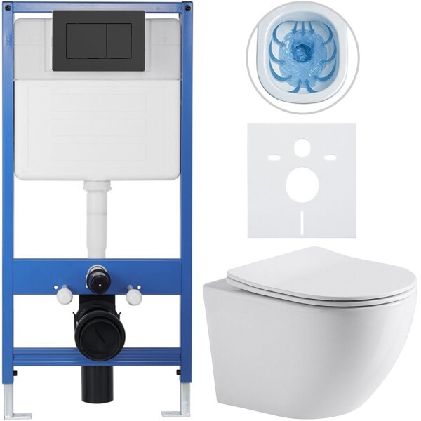 CERANO - Kompletní WC set Profi/Cesso - bílá lesklá - WC tlačítko Classic/Černá matná - předstěnová instalace - 49x36 CER-8050BD7